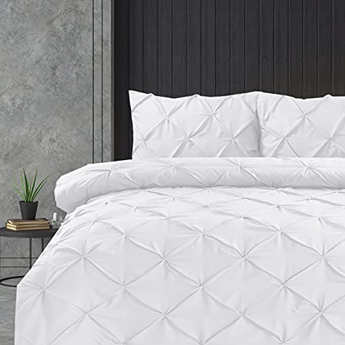 Image of Linen Home Pintuck Duvet Set White Super King Pinch Pleat Soft Microfibre SuperKing Bed Quilt Cover with 2 Pillowcases, Easy Care Wrinkle Free Bedding Set of 3 Pcs (White, Super King Duvet Cover Set)