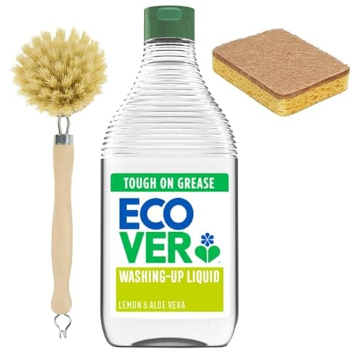 Image of DaleandHolly Eco Washing Up Bundle with Ecover Washing-Up Liquid 450ml – Lemon & Aloe Vera, Wooden Dish Brush & Eco Sponge