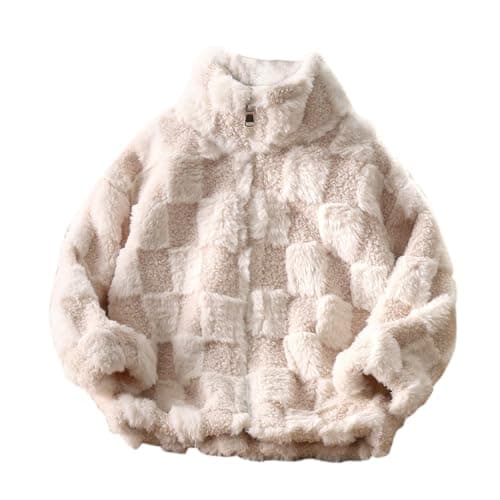 Image of Kids Girl Fleece Jackets Winter Faux Fur Coat Girls Lattice Warm Sherpa Plush Coat Kids Zip Up Cardigan Fall Winter Warm Outwear School Age 13-15 Years Beige