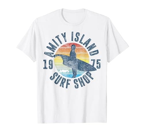 Image of Jaws Amity Island Surf Shop 1975 Retro Logo T-Shirt, Men, White, X-Large