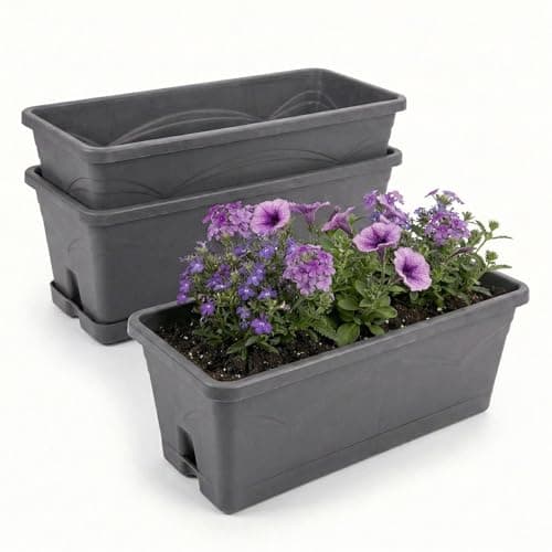 Image of GEEZY Set of 3 Rectangular Planters with Drip Tray & Drainage, 50cm - Grey Long Garden Troughs for Herbs, Flowers & Strawberries - Weatherproof Window Sill Plant Pot & Outdoor Balcony Box