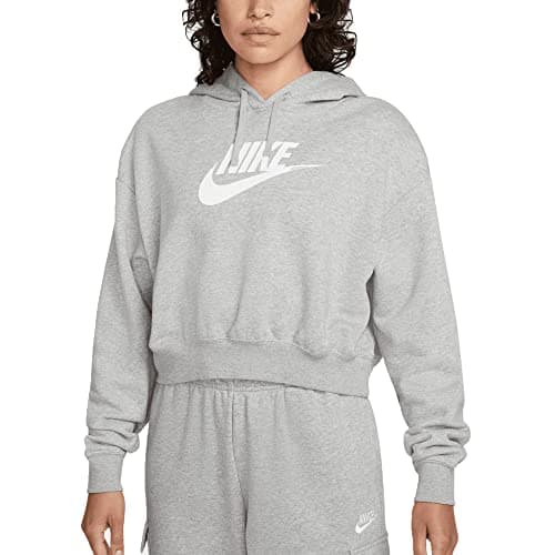 Image of Nike DQ5850-063 W NSW CLUB FLC GX CROP HDY Sweatshirt Women's DK GREY HEATHER/(WHITE) Size M