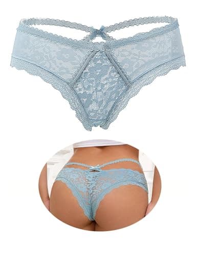 Image of ohyeahlady Plus Size Sexy French Knickers Women High Waisted Lace Thongs Cheeky Panties Sheer Brazilian Knickers Hipster Underwear 1 Pack Light Blue Size UK 16 18