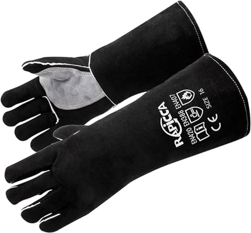 Image of RAPICCA Welding Gloves Fire Heat Resistant: Black 14IN - Fireproof Leather For Stick Mig Flux-Core Welder Forge Blacksmith Fireplace Wood Stove Fire Pit Furnace Handling Dry ice - One Size 662℉