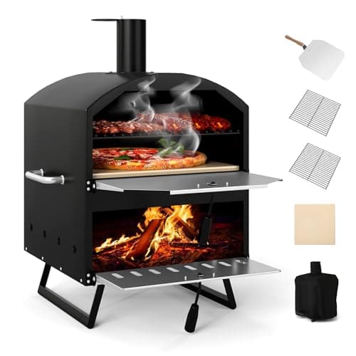 Image of COSTWAY Outdoor Pizza Oven, 1/2-Layer Wood Fired Pizza Maker with Waterproof Cover, Anti-scalding Handles, Pizza Stone & Pizza Peel, Outside Pizza Cooker (60 x 53 x 82 cm, 2-Layer, 2 Grills)