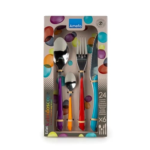 Image of Amefa ECLAT Kaleidoscope 24 Piece Coloured Cutlery Set for 6 – Stainless Steel Knives Forks Spoons – Multi-Colour Handles – Dishwasher Safe