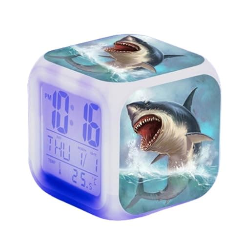 Image of SerendipitousWhisper Shark Digital Alarm Clock Children's LED Night Bedside Alarm Clock Square Illuminated LCD Clock Sea Animals Pattern Wake Up Alarm Clock Gift Birthday Gifts For Kid Adults