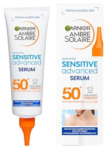 Image of Garnier Ambre Solaire Sun Cream SPF 50+ Sensitive Advanced Serum for Face and Body, Suncreen Factor 50+, UVA & UVB Protect, Suitable for Sensitive Skin, with Ceramide, Water Resistant, 125ml