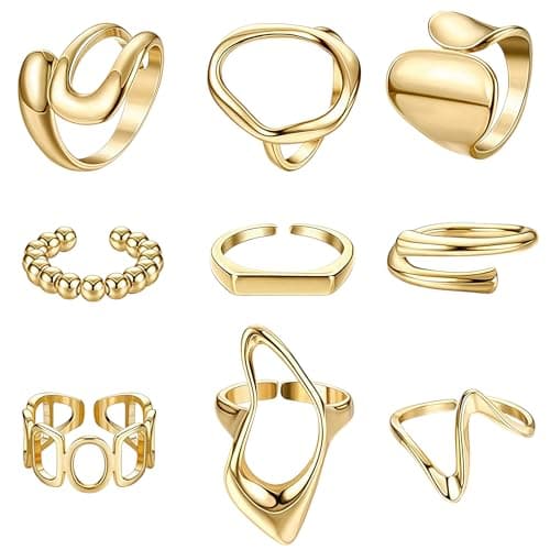 Image of OOO 9 PCS Chunky Gold Rings Set, Gold Adjustable Rings For Women, Chic Ladies Party Rings Stacking Rings Jewellery, Thumb Ring (Gold, One Size)