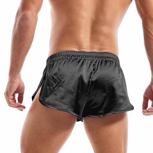 Image of Amy Coulee Mens Sexy Boxer Shorts Split Side Jockstrap Underwear Trunks Satin Silk Boxers Briefs Lightweight Sleepwear Pajama Shorts (M, Black)