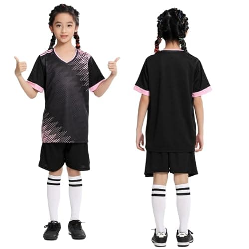 Image of Kids Football Kits Uniform Jerseys Boys Girls Sports Shorts Sets Tracksuit SoccerTraining Activewear Short Sleeve Set Black 4-5Years