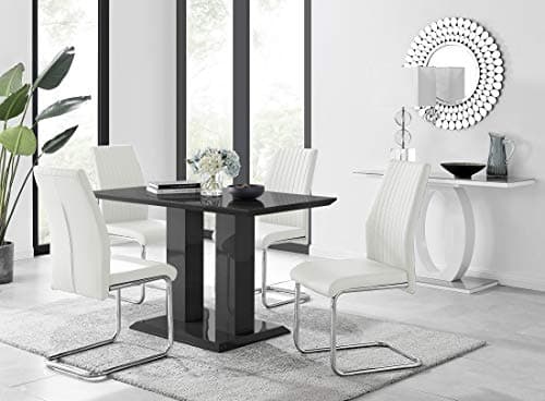 Image of Furniturebox UK Imperia Modern Black High Gloss Dining Table And 4 Lorenzo Chrome Leather Dining Chairs Set (Dining Table + 4 White Lorenzo Chairs)