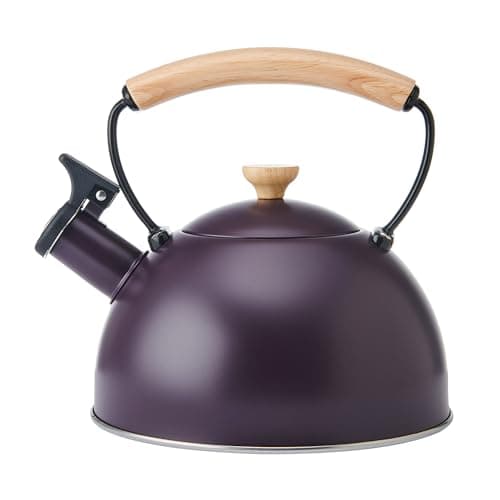 Image of La Cafetière Whistling Kettle Purple Colour with Heat Resistant Wooden Handle, Lightweight Rust Resistant Stovetop Kettle with Flip Up Spout, Compatible with All Stove-Tops, 1.6L