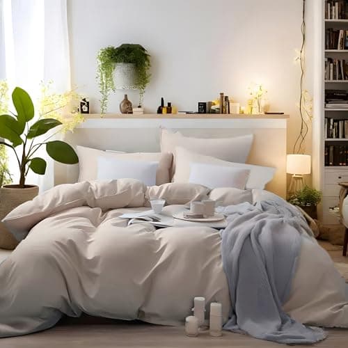 Image of MOHAP Bedding Double Duvet Cover Set 3 PCS Plain Brushed Microfiber Bedding 1 Duvet Cover with 2 Zippers and 2 Pillowcases Cream/Beige