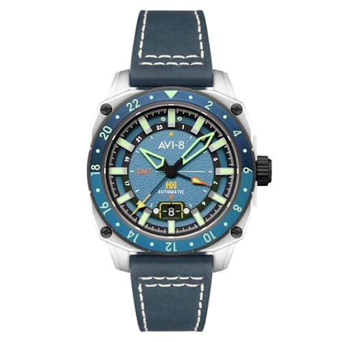 Image of AVI-8 Men's 44mm Hawker Hunter Atlas GMT Automatic Retro Blue Watch with Leather Strap AV-4122-05