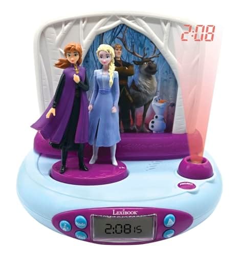 Image of LEXIBOOK Disney Frozen 2 Elsa & Anna, Projector Alarm Clock with Sounds, Night Light, time Projection onto The Ceiling, Sound Effects, Battery-Powered, Blue/Purple, RP510FZ