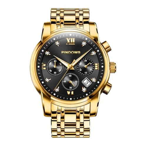 Image of PINDOWS Watches for Men Luxury Quartz Chronograph Watch with Date, Big Face Waterproof Business Wristwatch, Stainless Steel Band, Luminous Hands, Diamond Accents