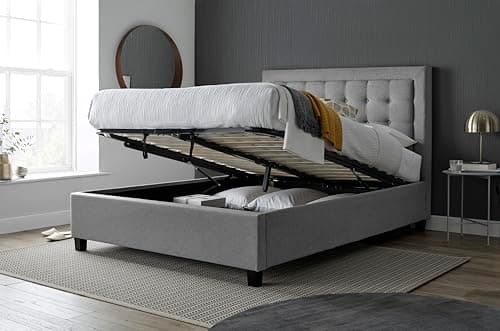 Image of Bedmaster Brandon Linen Fabric Ottoman Storage Bed Double and King Size Grey and Oatmeal (Grey, Double)