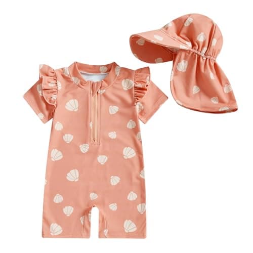 Image of Geagodelia Baby Girl Swimming Toddler Girl One Piece Swimsuit Short Sleeve Bathing Suit Wetsuit Rashguard Summer Swimwear Sun Hat (Pink, 0-3 Months)