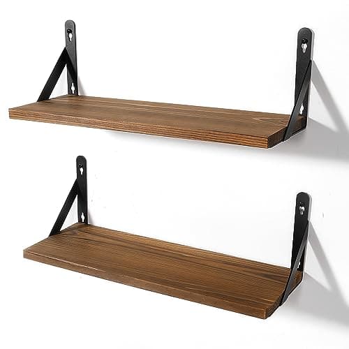 Image of AGM Wall Mounted Shelves Set of 2, Rustic Dark Wood Wall Floating Shelves for Bedroom, Living Room, Kitchen, Laundry Room Storage & Decoration-Dark Brown