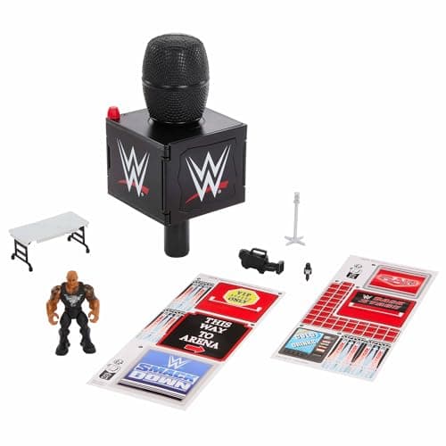 Image of Mattel WWE Knuckle Crunchers 2-in-1 Microphone & Playset with Action Figure & 2 Accessories, Final Boss Set with 3.25-inch The Rock, JFX07