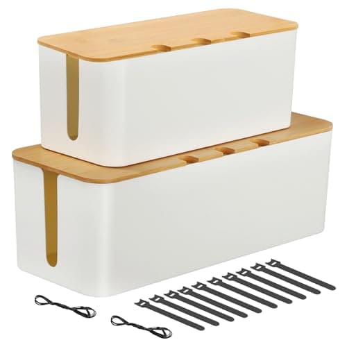 Image of 2 Cable Tidy Box, Cables Management with Reusable Ties Straps, Cable Organizer Box for Desk, Cord Storage Management with Lid,for Hiding Electric Wire Cord, Power Strip, Extension Lead White