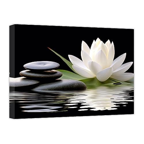Image of CCWACPP Zen Canvas Wall Art White Lotus Bloom in Water Picture Flowers Stone Spa Painting for Yoga Meditation Room Bathroom Prints Wall Decor Frame (Zen - 2, 40x60cm)