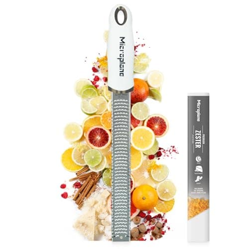 Image of Microplane Zester Grater in White for Citrus Fruits, Hard Cheese, Ginger, Chocolate and Nutmeg with Fine Stainless Steel Blade - Made in USA