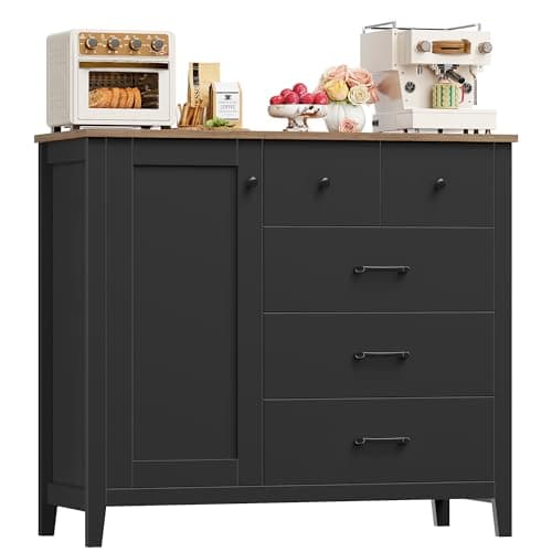 Image of HOCSOK Kitchen Cupboard, Black Sideboard with Adjustable Shelf, Farmhouse Kitchen Cabinets with 5 Drawers 1 Door for Living Room Dining Room Furniture, 100 x 40 x 94 cm