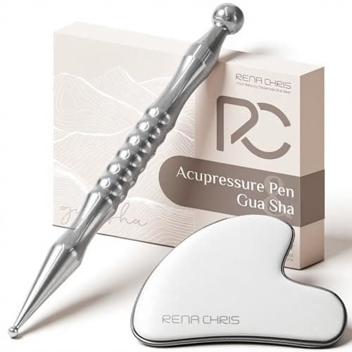 Image of Rena Chris Stainless Steel Gua Sha and Acupuncture Pen, Manual Reflexology Tools for Muscle Tension and Pain Relief, Acupressure Pen and Gua Sha Set with Reflexology Chart, Easy to Use