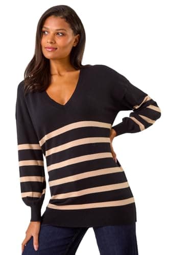 Image of Roman V-Neck Jumper for Women UK Ladies Boyfriend Fit Slouch Sweater Winter Autumn Textured Casual Flattering Knit Pullover Knitwear Daywear Lightweight Lounge - Noir Beige - Size 14