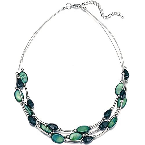 Image of BULINLIN Crystal Layered Statement Necklace for Women, Shell Choker Necklace with Chunky Silver Metal Fashion Jewelry Gifts for Her（Green）