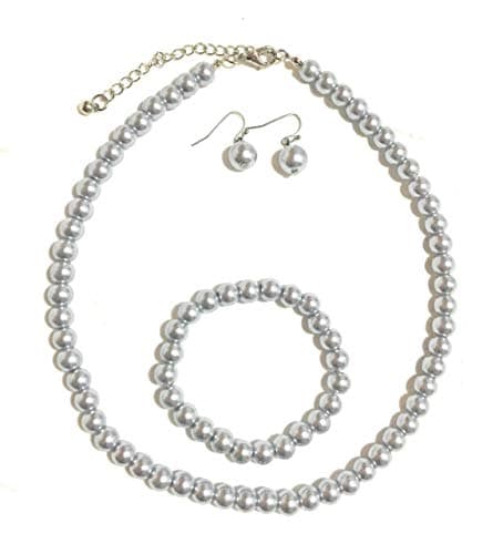 Image of Caprilite Silver Grey Classic Faux Pearl Necklace Earrings & Bracelet Jewellery Set Vintage