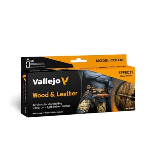 Image of Vallejo Model Color Acrylic Paint Set for Wood and Leather, 8 Matte Finish Colors in 18 ml Bottles with Dropper and Color Chart for Accurate Reproduction