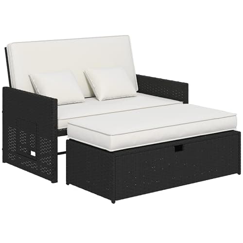 Image of Outsunny Rattan Garden Daybed, Assembled Double Sun Lounger with 5-Level Adjustable Back, Storage Ottoman, Cushions, Pillows and Retractable Trays, Outdoor Loveseat Sofa Bed for Patio, Cream White
