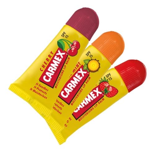 Image of Carmex Minis Lip Balm Tube Set Cherry, Strawberry & Pineapple Mint Multipack With SPF 15 For Sun Protection Hydrating Lip Care with Cooling Relief for Hot Sunny Days (Pack Of 3)