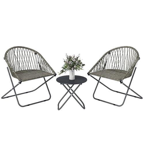 Image of Outsunny 3 Pieces Patio Bistro Set, Folding Garden Furniture Set for 2 with Metal Top Coffee Table and Rattan Chairs for Outdoor, Balcony, Grey