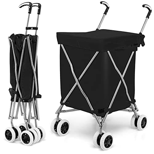 Image of COSTWAY 90L Folding Shopping Trolley, 8-Wheel Large Utility Push Cart with Removable Waterproof Bag and Cover, Metal Lightweight Rolling Grocery Trolley for Mobility (Black)