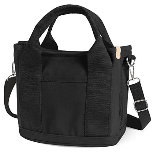 Image of Minicoco Canvas Tote Bags for Women, Small Handbags & Shoulder Bags, Crossbody Bag with Zipper Double Shoulder Straps Canvas Shoulder Bags for School, Shopping, Work and Travel (Black)