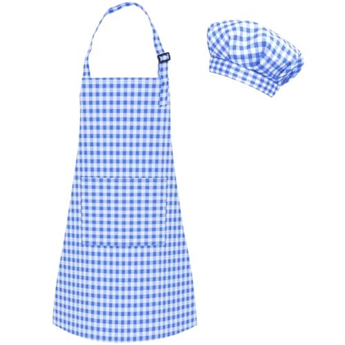 Image of TOPWAYS Grid Kids Apron and Chef Hat Set, Adjustable Check Child Chef Aprons with 2 Pockets, Lattice Print Children's Apron for Kids Toddler Painting Baking Cooking Artist (Grid Blue, M(3-6Years))