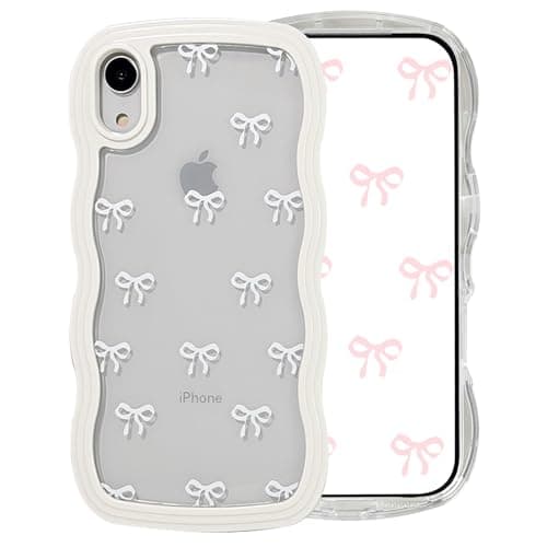 Image of Riccase for iPhone XR Case Bow Curly Wave Frame Phone Case, Shockproof Clear Soft Transparent Silicone Protective Bumper Cover for Women Girls, White
