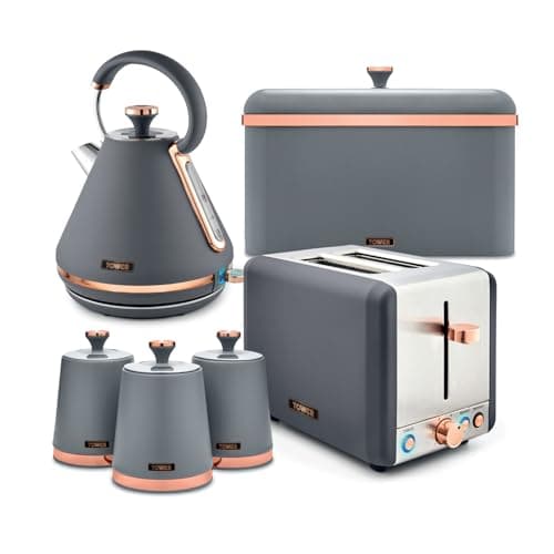 Image of Tower Cavaletto 4 Piece Kitchen Set, 3kW 1.7L Pyramid Kettle, 2 Slice Toaster, Bread Bin & 3 x 1.3L Canisters, Grey & Rose Gold, EEJB471
