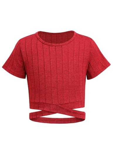 Image of Arshiner Girls T-Shirts Crop Top Kids Summer Short Sleeve Solid Color Round Neck Shirt Casual Fashion Tee Shirt for Girls 9-10 Years Red