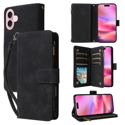 Image of QLTYPRI for iPhone 17 Case, Large Capacity Leather Wallet Cover 6 Card Holder and 1 Zipper Pocket Kickstand Wrist Strap Magnetic Protective Cover - Black