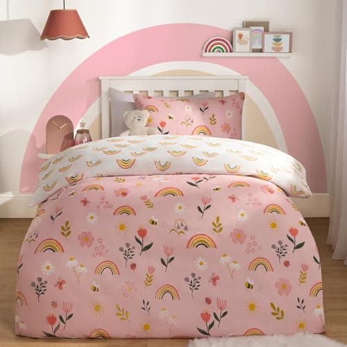 Image of OHS Rainbow Single Duvet Cover with Pillowcase, Girls Single Duvet Cover Bedding Single Bed Childrens Duvet Covers Kids Bedding Sets for Girls - Pink