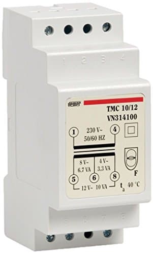 Image of VEMER VN314100 model TMC 10/12 DIN-rail mounting safety transformer for continuous service 230V/4-8-12V. Color Grey