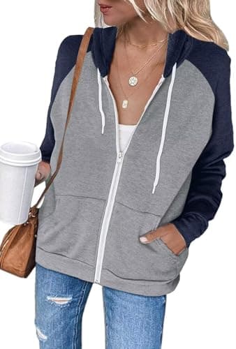 Image of LACOZY Womens Casual Lightweight Jackets Drawstring Hooded Sweatshirt Long Sleeve Zip Up Hoodies with Pocket Navy Blue 2XL