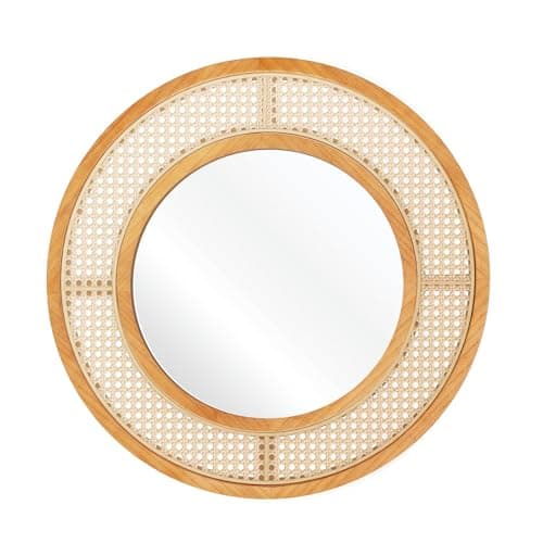 Image of RELAX4LIFE Rattan Decorative Wall Mirror, 65cm Round Hanging Vanity Mirror, Wooden Frame Wall Mounted Mirror Accent Makeup Dresing Mirror for Living Room, Bedroom, Bathroom and Hallway