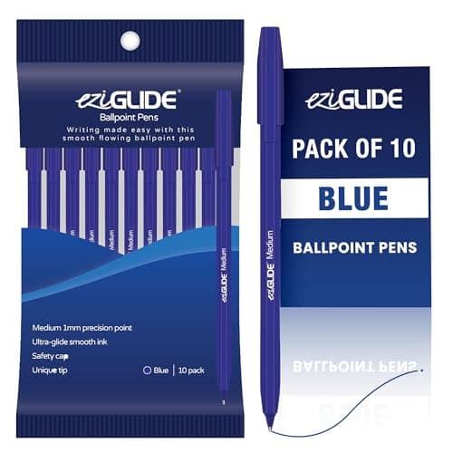 Image of Eziglide 10-Pack Ballpoint Pen Set, Blue – Medium Point (1.0mm) for Effortless Writing & Comfortable Grip – Ideal for Adults, Teachers, Home, Office, Exams, School, & Everyday Use