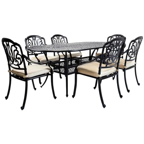 Image of CHARLES BENTLEY Cast Aluminium Round Table And 6 Chairs Set, Black, Outdoor Table, with Six Beige Cushions, Garden, Patio, With Central Hole For Parasol, Weatherproof, Armchairs (218x106x90cm)